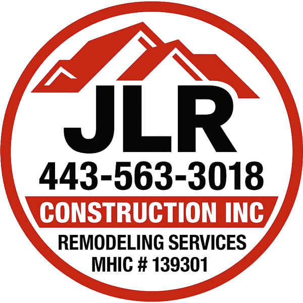 JLR Construction Inc logo with a red roof graphic and contact info: 443-563-3018, Remodeling Services, MHIC #139301.
