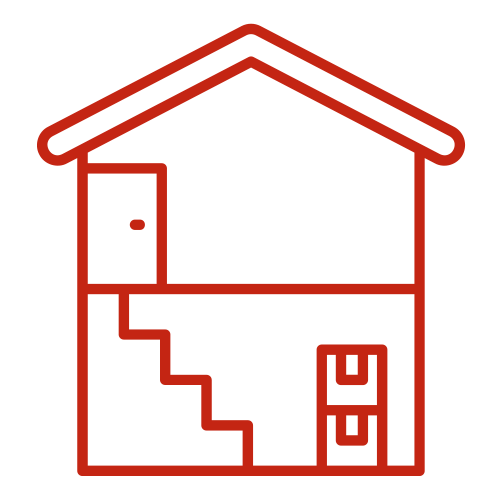 Red outline of a two-story house with stairs and two boxes in the lower level on a white background.