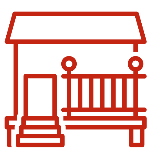 Red line drawing of a house front with steps and a porch railing on a light background.