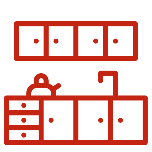 Red outlined icon of kitchen cabinets, drawers, a sink with a faucet, and a kettle on the counter.