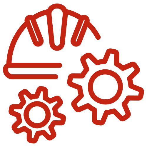 Red outline of a hard hat with two gears, symbolizing construction or engineering.